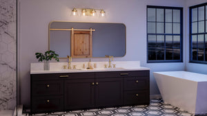 A beautiful bathroom with an Urban Ambiance UHP3995 Traditional Bath Light 7.75''H x 33.5''W, Olde Brass Finish, Pawtucket Collection