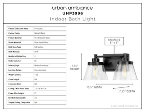 A diagram showing the dimensions of the unique Urban Ambiance UHP3996 Traditional Bath Light lighting fixture.