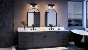 A bathroom with two sinks and a tub featuring the unique UHP3996 Traditional Bath Light 7.75''H x 15.5''W, Midnight Black Finish, Pawtucket Collection