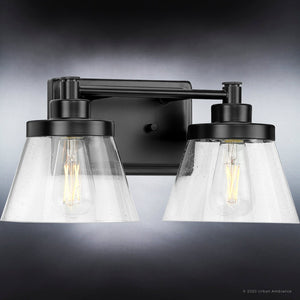 A unique Urban Ambiance bathroom light fixture with two UHP3996 Traditional Bath Light 7.75''H x 15.5''W, Midnight Black Finish, Pawtucket