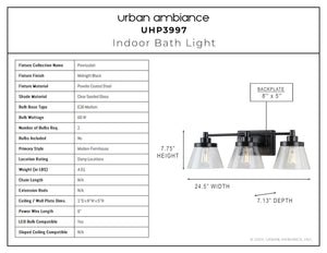 A diagram showing the dimensions of a unique Urban Ambiance UHP3997 Traditional Bath Light 7.75''H x 24.5''W, Midnight Black Finish, Pawt