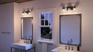 A beautiful bathroom with two sinks and a unique window featuring the UHP3997 Traditional Bath Light 7.75''H x 24.5''W, Midnight Black Finish, Paw