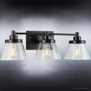 Three UHP3997 Traditional Bath Lamp 7.75''H x 24.5''W, Midnight Black Finish, Pawtucket Collection with clear glass shades by Urban Ambiance.