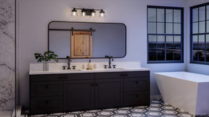 A bathroom with a unique Urban Ambiance UHP3998 Traditional Bath Light 7.75''H x 33.5''W, Midnight Black Finish, Pawtucket Collection black and white