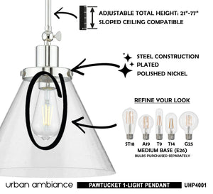 A unique lighting fixture diagram for the luxury UHP4001 Traditional Pendant 12.5''H x 12''W, Polished Nickel Finish from the Pawtucket Collection by Urban Ambiance