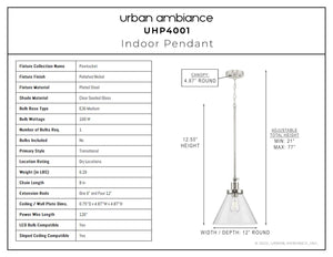 A diagram showing the dimensions of a unique Urban Ambiance UHP4001 Traditional Pendant 12.5''H x 12''W, Polished Nickel Finish, Pawtucket Collection