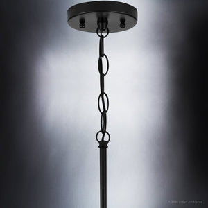 A beautiful UHP4004 Traditional Pendant 12.75''H x 12.25''W, Midnight Black Finish, Pawtucket Collection lighting fixture with a chain hanging from it