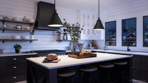A unique black and white kitchen with luxury UHP4004 Traditional Pendant 12.75''H x 12.25''W, Midnight Black Finish lamps from Urban Ambiance.