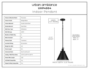 Urban Ambiance UHP4004 Traditional Pendant, 12.75''H x 12.25''W, Midnight Black Finish, Pawtucket Collection indoor lamp.