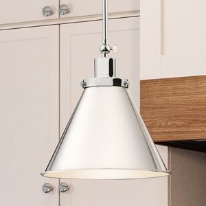 A beautiful luxury lighting fixture, the UHP4005 Traditional Pendant from the Pawtucket Collection by Urban Ambiance, hangs over a kitchen island.