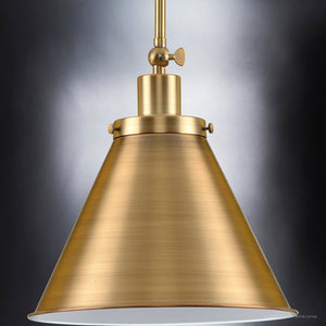 An Urban Ambiance UHP4006 Traditional Pendant, a unique lighting fixture with an Olde Brass Finish, Pawtucket Collection light and a white shade.