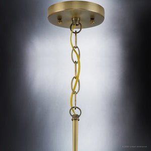A beautiful Urban Ambiance light fixture with a yellow chain hanging from it, the UHP4006 Traditional Pendant 12.75''H x 12.25''W, Olde