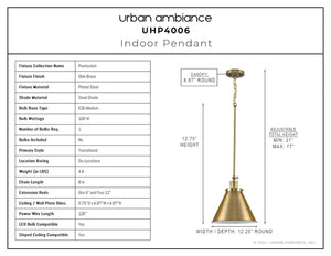A gorgeous diagram displaying the dimensions of an Urban Ambiance UHP4006 Traditional Pendant 12.75''H x 12.25''W, Olde Brass Finish, Pawt