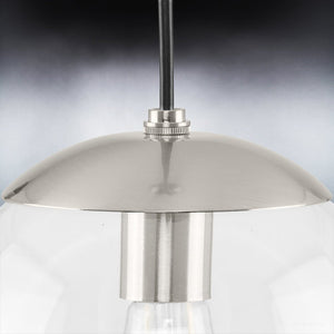 A luxurious UHP4010 Minimalist Pendant 8.75''H x 8''W, Brushed Nickel Finish, Canton Collection with a glass dome and a metal base by Urban
