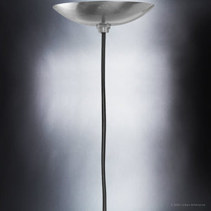 A unique UHP4010 Minimalist Pendant 8.75''H x 8''W, Brushed Nickel Finish, Canton Collection floor lamp with a metal shade and a black base from Urban