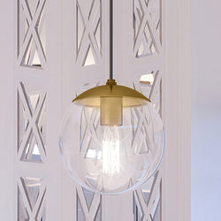 A unique UHP4011 Minimalist Pendant 8.75''H x 8''W, 
Brushed Bronze Finish, Canton Collection by Urban Ambiance with a glass globe hanging