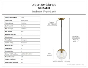 A diagram showing the dimensions of a unique and luxury Urban Ambiance UHP4011 Minimalist Pendant 8.75''H x 8''W, Brushed Bronze Finish, Canton