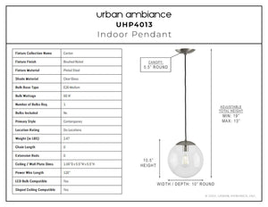 A gorgeous diagram showing the dimensions of an Urban Ambiance UHP4013 Minimalist Pendant 10.5''H x 10''W, Brushed Nickel Finish, Canton Collection indoor