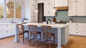 A stunning kitchen with a center island and stools featuring the UHP4013 Minimalist Pendant lamp from the Canton Collection by Urban Ambiance.