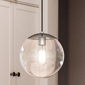 A beautiful and unique UHP4013 Minimalist Pendant 10.5''H x 10''W, Brushed Nickel Finish, Canton Collection hanging light in a kitchen, by Urban