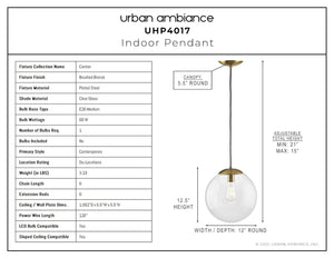 A diagram showing the dimensions of the UHP4017 Gorgeous Pendant 12.5''H x 12''W, Brushed Bronze Finish, Canton Collection indoor pendant light by Urban Ambiance.