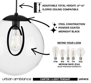 A unique diagram showcasing the minimalist design of a UHP4018 Minimalist Pendant 12.5''H x 12''W, Midnight Black Finish, Canton Collection pendant light from Urban Ambiance