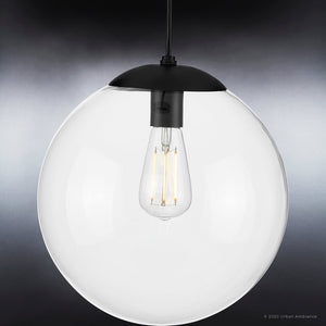 A beautiful Urban Ambiance UHP4018 Minimalist Pendant 12.5''H x 12''W, Midnight Black Finish, Canton Collection lighting fixture with a black cord.