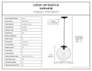 A diagram showing the dimensions and gorgeous design of an Urban Ambiance UHP4018 Minimalist Pendant 12.5''H x 12''W, Midnight Black Finish, Canton Collection