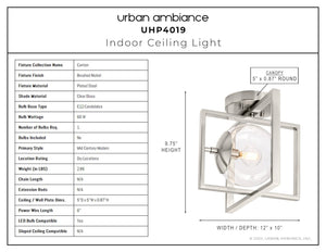 A diagram showing the dimensions of a luxurious Urban Ambiance UHP4019 Minimalist Ceiling Light in Brushed Nickel Finish from the Canton Collection.