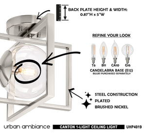 A picture of a UHP4019 Minimalist Ceiling Light 9.75''H x 12''W, Brushed Nickel Finish, Canton Collection light fixture with instructions on how to
