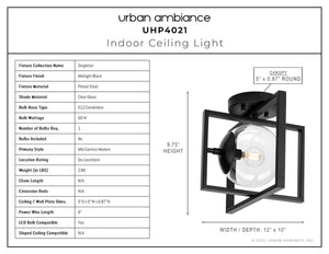A diagram showing the dimensions of a unique and luxurious Urban Ambiance UHP4021 Minimalist Ceiling Light 9.75''H x 12''W, Midnight Black Finish, Singleton Collection indoor
