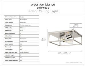 A diagram showing the dimensions of the UHP4030 Modern Ceiling Light 4.5''H x 12''W, Brushed Nickel Finish, Singleton Collection by Urban Ambiance.