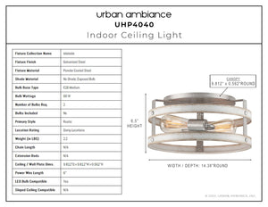 A unique and luxury lighting fixture diagram depicting the dimensions of the UHP4040 Farmhouse Ceiling Light 6.5''H x 14.375''W, Galvanized Steel Finish, Adelaide