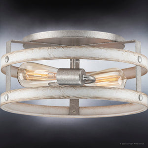 An UHP4040 Farmhouse Ceiling Light 6.5''H x 14.375''W, Galvanized Steel Finish, Adelaide Collection gorgeous light fixture with two bulbs in it by Urban