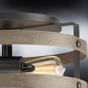 A unique farmhouse ceiling lamp featuring a charcoal finish and wooden frame.