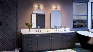 A beautiful bathroom featuring a unique UHP4050 Cosmopolitan Bath Light 5''H x 20.375''W, Brushed Nickel Finish, Tustin Collection from the brand Urban Amb