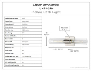 A beautiful diagram showcasing the unique dimensions of the UHP4050 Cosmopolitan Bath Light 5''H x 20.375''W, Brushed Nickel Finish, Tustin Collection by Urban