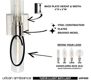A diagram showing how to install the beautiful UHP4050 Cosmopolitan Bath Light 5''H x 20.375''W in Brushed Nickel Finish from the Tustin Collection by Urban