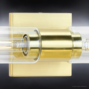 A unique UHP4051 Cosmopolitan Bath Light 5''H x 20.375''W, Satin Gold Finish, Tustin Collection wall light with a clear glass tube