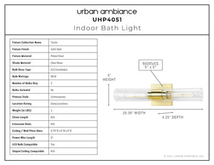 A unique diagram showcasing the dimensions of an Urban Ambiance UHP4051 Cosmopolitan Bath Light 5''H x 20.375''W, Satin Gold Finish from the