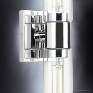 A beautiful Cosmopolitan Bath Light 5''H x 20.375''W, Polished Chrome Finish, Tustin Collection wall sconce with a glass shade.