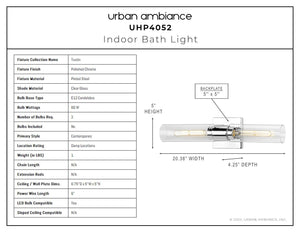 A diagram showing the dimensions of the UHP4052 Cosmopolitan Bath Light with a Polished Chrome Finish from the Tustin Collection by Urban Ambiance.