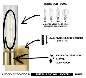 Urban Ambiance UHP4055 Cosmopolitan Wall Sconce 12.625''H x 5''W, Satin Gold Finish, Tustin Collection - beautiful lighting fixture.