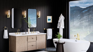 A unique bathroom with black walls and Urban Ambiance's UHP4055 Cosmopolitan Wall Sconce 12.625''H x 5''W, Satin Gold Finish, T