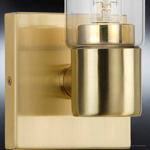 An Urban Ambiance UHP4055 Cosmopolitan Wall Sconce 12.625''H x 5''W with a clear glass bulb, offering unique lighting fixture in satin gold finish