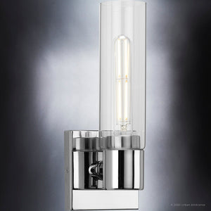 A luxury UHP4056 Cosmopolitan Wall Sconce 12.625''H x 5''W from the Tustin Collection by Urban Ambiance with a clear glass bulb