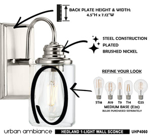 Beautiful vintage wall sconce lighting fixture from the Hedland Collection by Urban Ambiance, finished in brushed nickel.