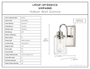 A picture of a beautiful UHP4060 Vintage Wall Sconce 9.875''H x 4.5''W, Brushed Nickel Finish, Hedland Collection by Urban Ambiance