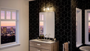 A beautiful bathroom with a view of the city, featuring the UHP4061 Vintage Bath Light from the Hedland Collection by Urban Ambiance.