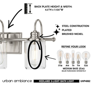 A unique Urban Ambiance UHP4062 Vintage Bath Light 9.875''H x 23.375''W, Brushed Nickel Finish, Hedland Collection lighting fixture with a